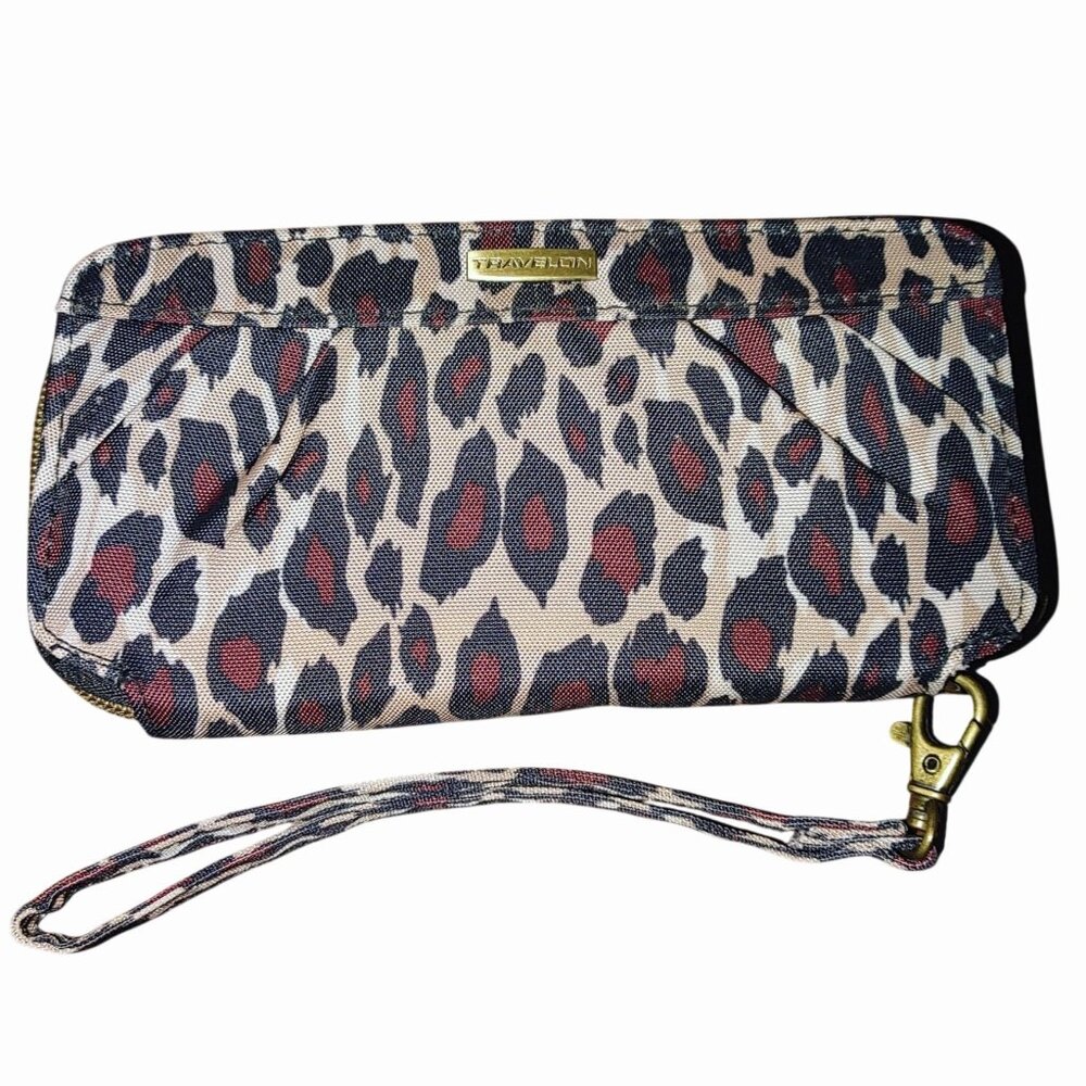 Travelon Leopard Print Zippered Wallet Wrist Strap Multi Card Slots Inner Pocket